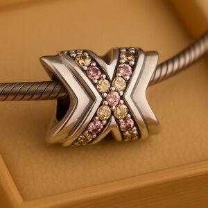 Chamilia .925 Sterling Silver Xs & Os Peach Lt Pink CZ Charm Bead EUC CHAM #277